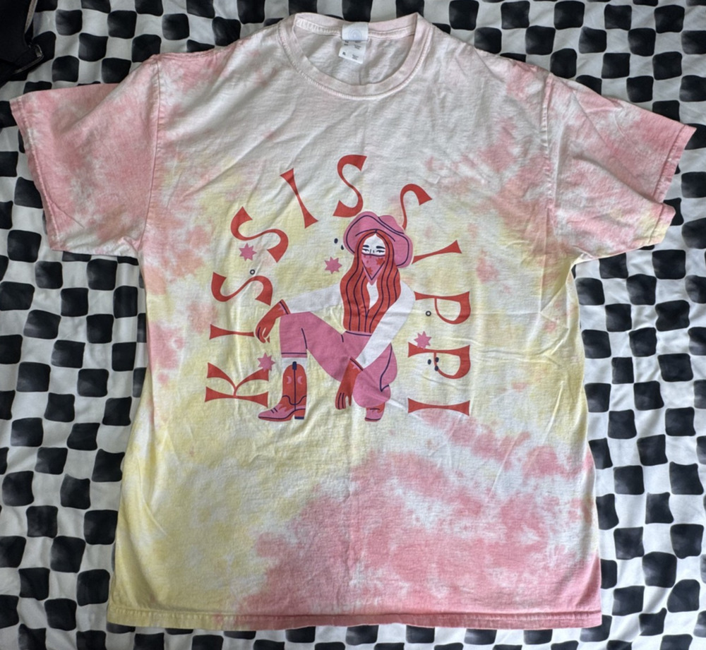 Womens XL Kiss This Graphic T-Shirt Pink Yellow Tie Dye Statement Tee